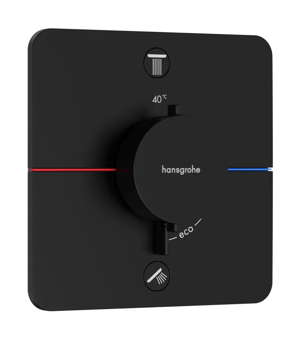 Schwarzes Thermostat von Hansgrohe mit Drehregler, Temperaturanzeige bei 40°C, Eco-Einstellung und zwei Verbraucheranbindungen.